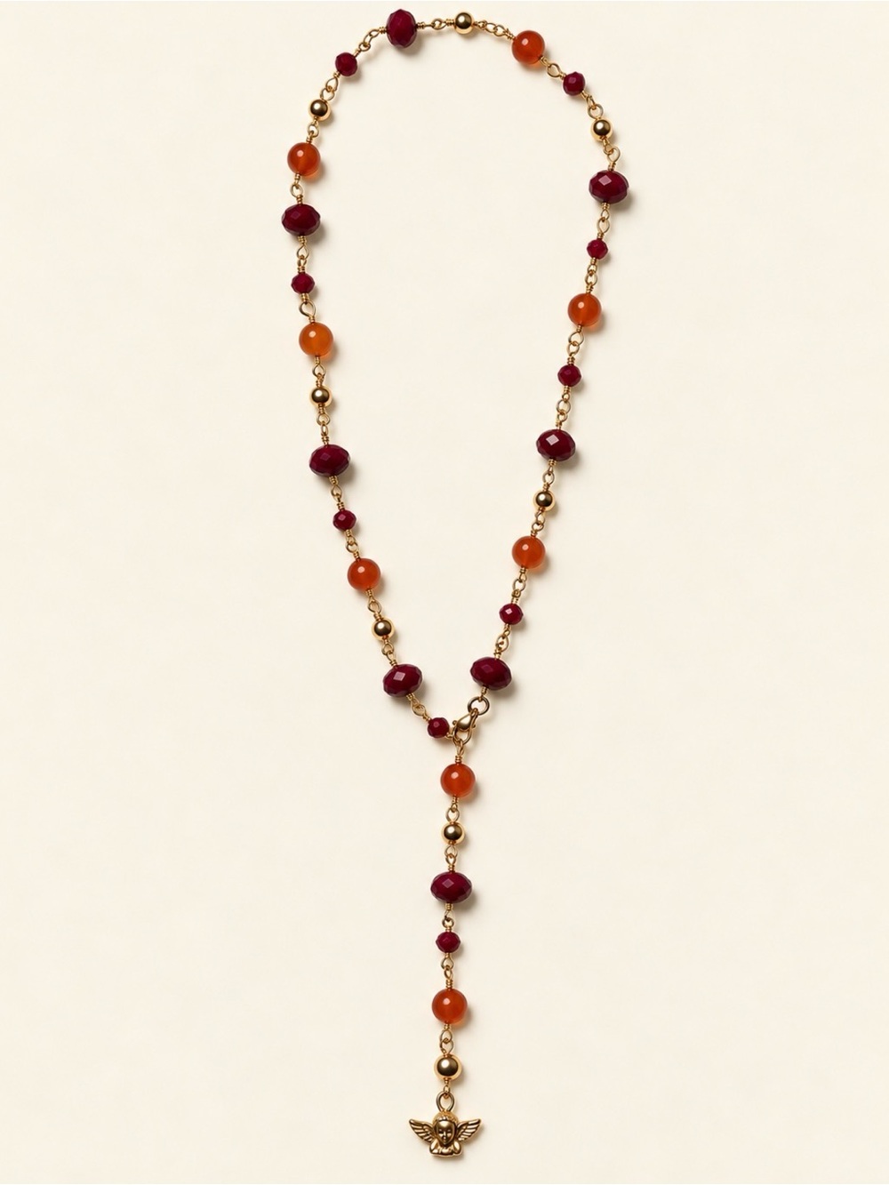 Handmade gold Necklace with Red and Orange Beads 14k gold filled cherub charm